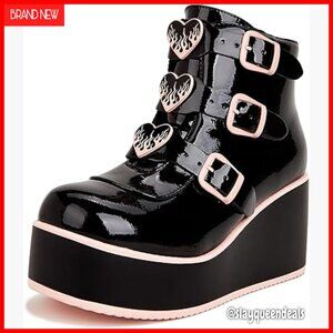 Platform Wedge Ankle Boots with Buckle and Zipper, Chunky Sole